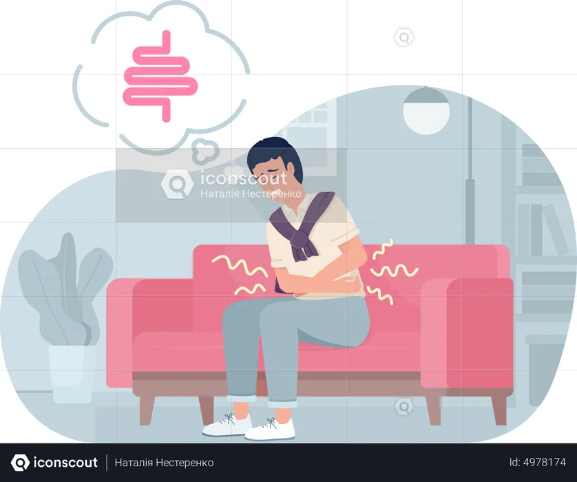 Man suffering from abdominal pain at home  Illustration
