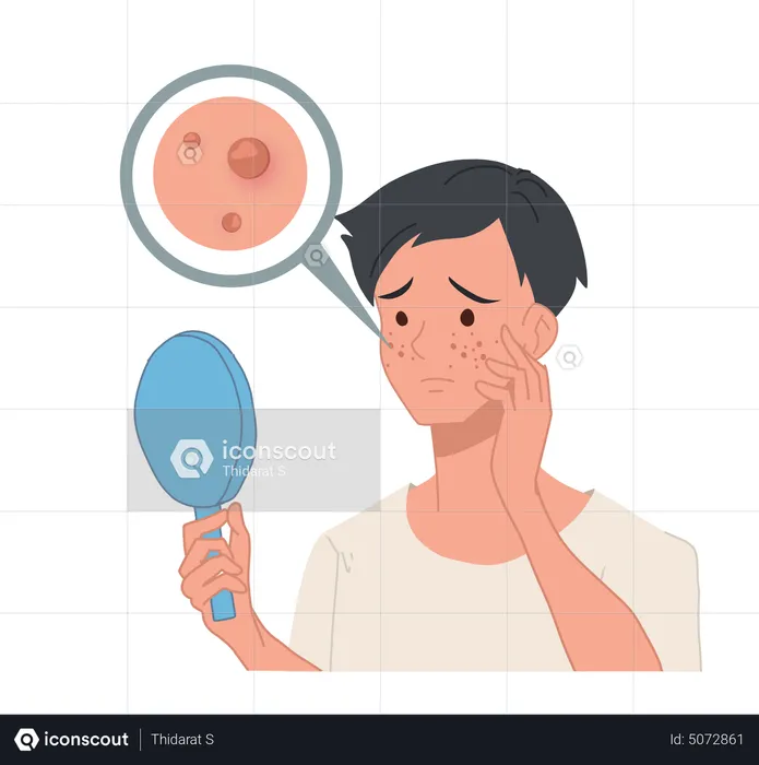 Man suffering from acne look into mirror  Illustration