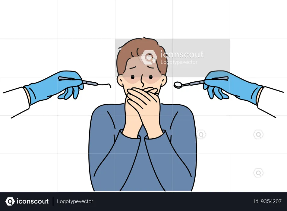 Man suffering from dentophobia closes mouth and stands near hands with dental devices  Illustration