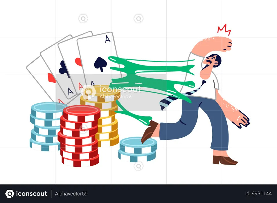 Man suffering from gambling addiction trying to escape from large playing cards and casino chips  Illustration