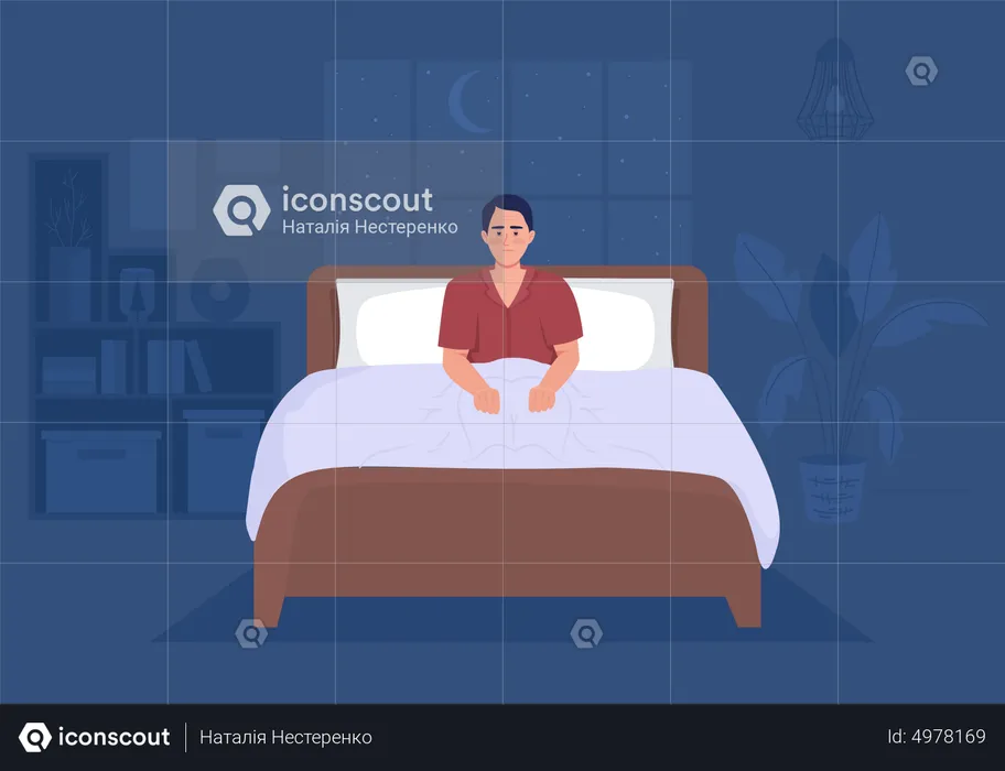 Man suffering from insomnia in bedroom  Illustration