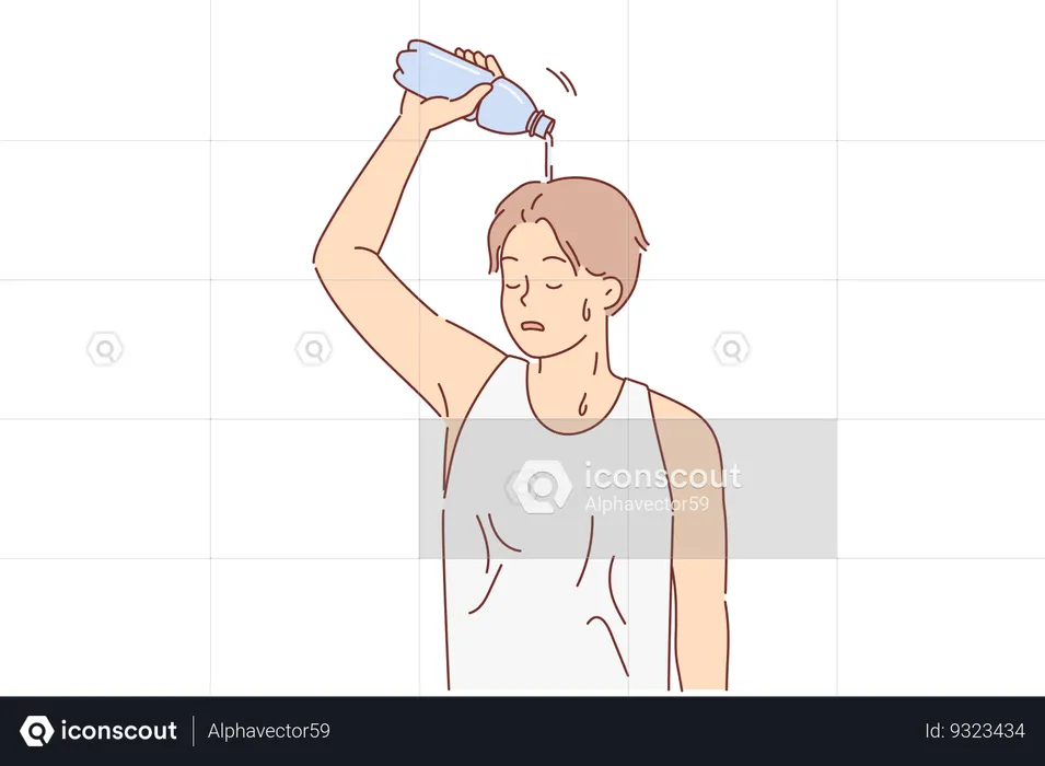 Man suffering from sunstroke pours water from bottle on head to cool down after long run  Illustration