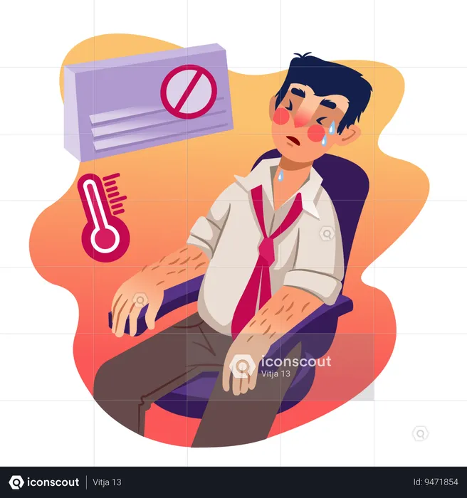 Man suffers from broken air conditioner on hot summer day and sweats while sitting in office chair  Illustration