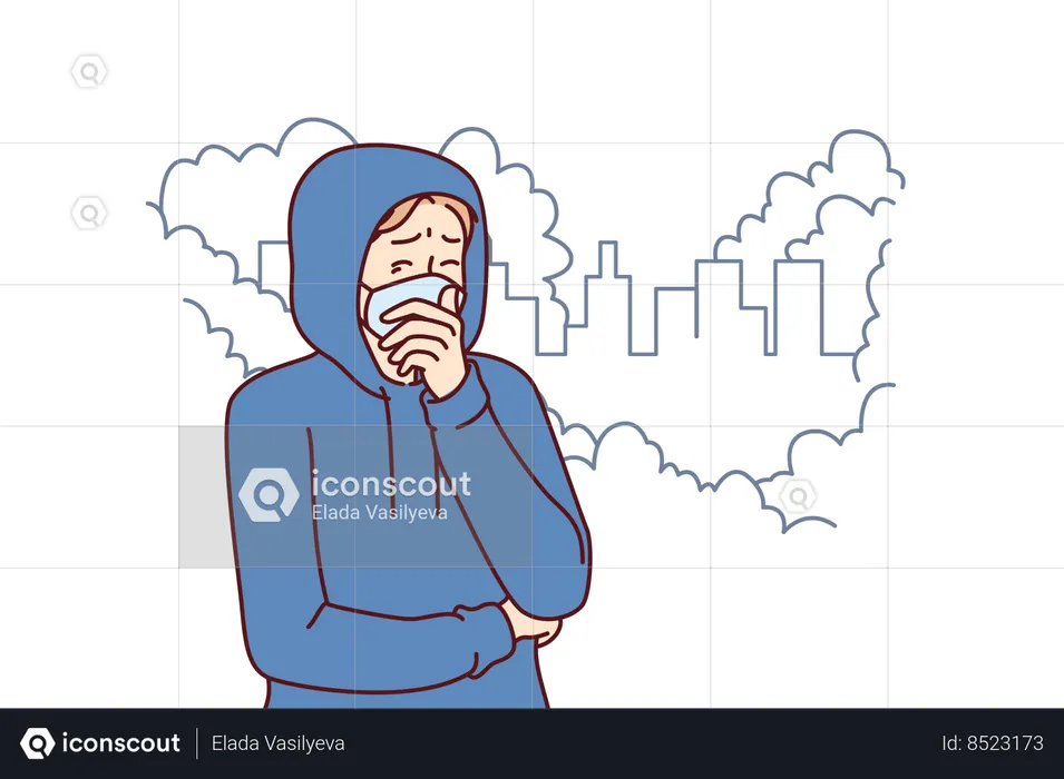 Man suffers from emissions from industrial  Illustration