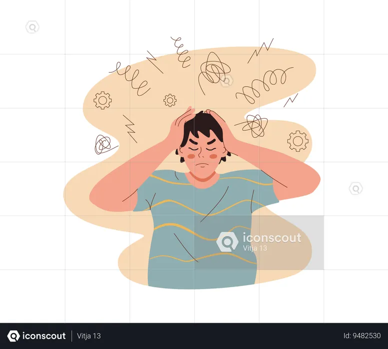 Man suffers from headache caused by overabundance of information clutching head  Illustration