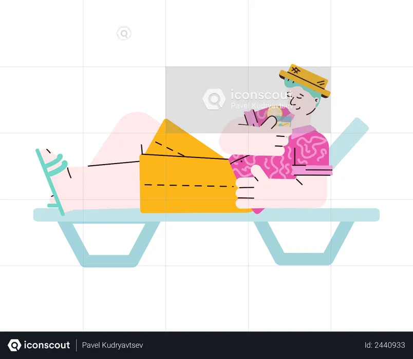 Man Sunbathing on beach lounger with drink  Illustration