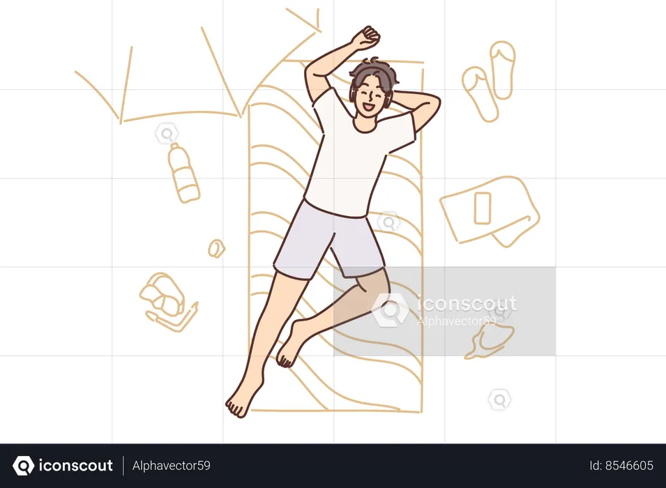 Man sunbaths lying on mattress on beach and enjoys summer holidays on hot island  Illustration