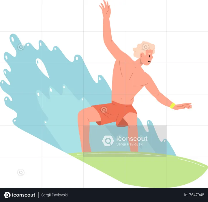 Man surfer riding fast on board in sea ocean water waves enjoying summer time recreation  Illustration