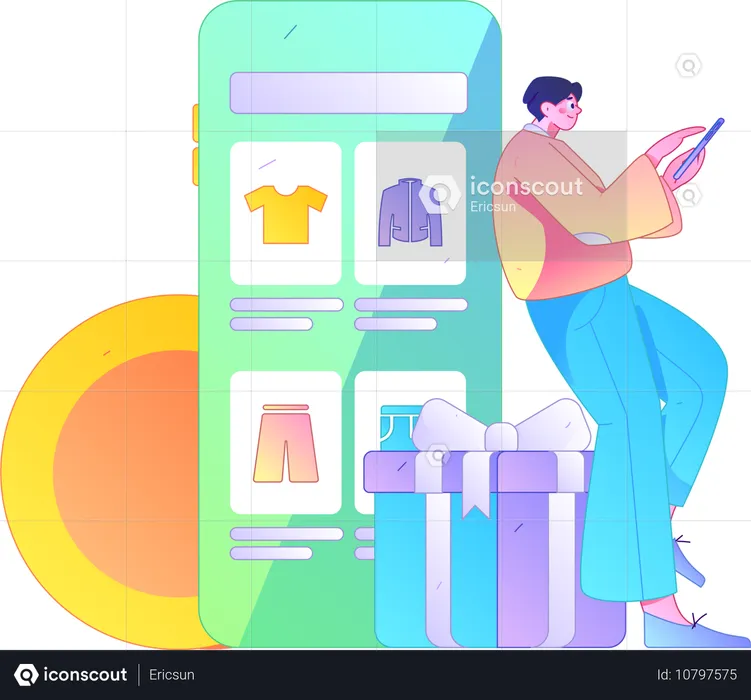 Man surfs clothing application for shopping  Illustration