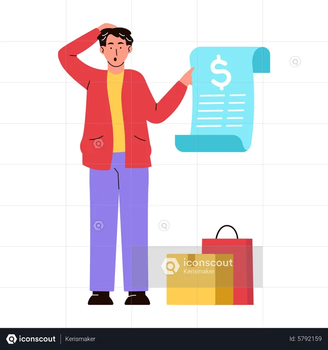 Man surprised after looking at shopping bill  Illustration