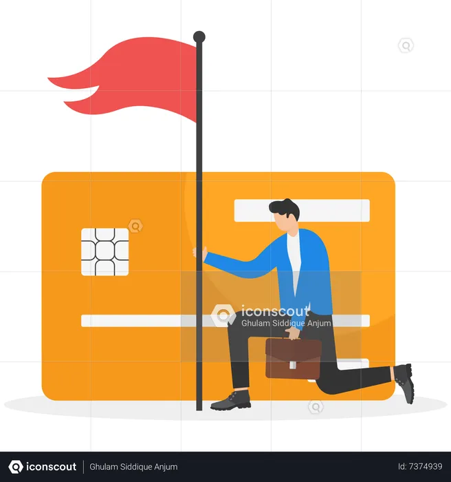 Man surrender carry and waving flag behind big credit card debt  Illustration