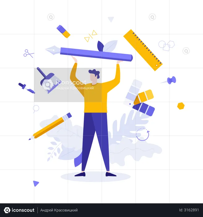 Man surrounded by pen, pencil, brush, ruler and other art supplies  Illustration