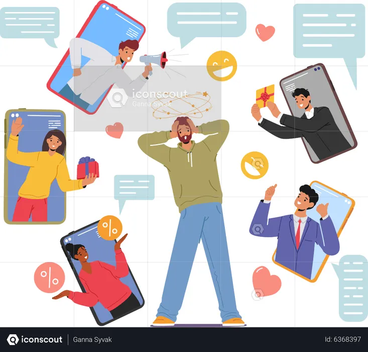 Man surrounded with social media spam  Illustration