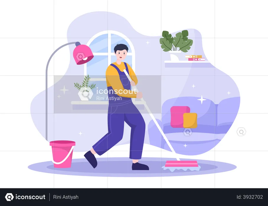 Man sweeping floor using mop  Illustration