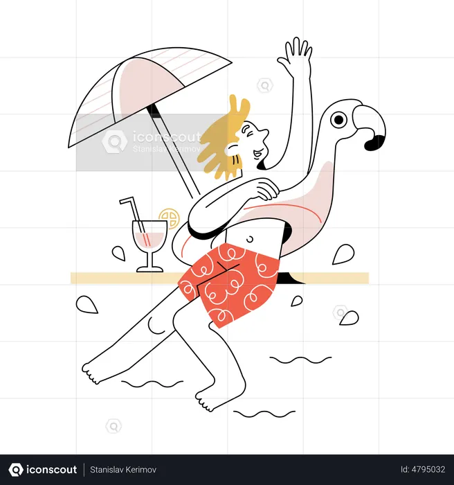 Man swimming in a pool with a swim ring  Illustration