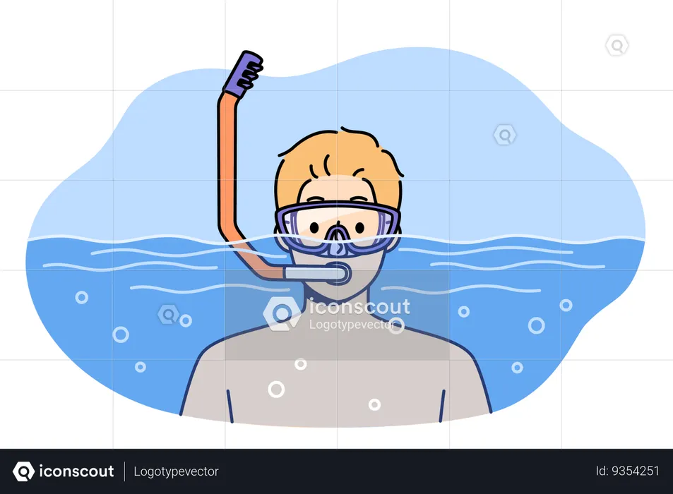 Man swims in pool with goggles and snorkel for breathing underwater during summer holiday at resort  Illustration