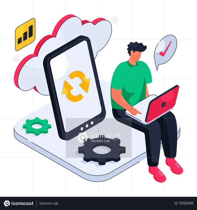 Man sync mobile with cloud database  Illustration