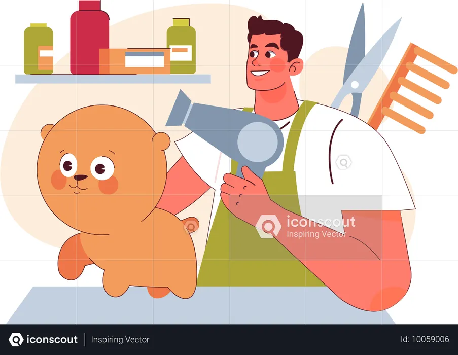 Man takes pet dog for grooming  Illustration