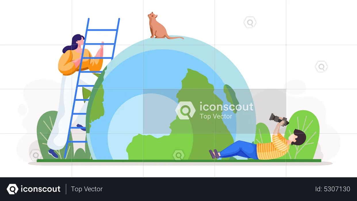 Man takes photo of cat sitting on globe and woman stands on stepladder  Illustration