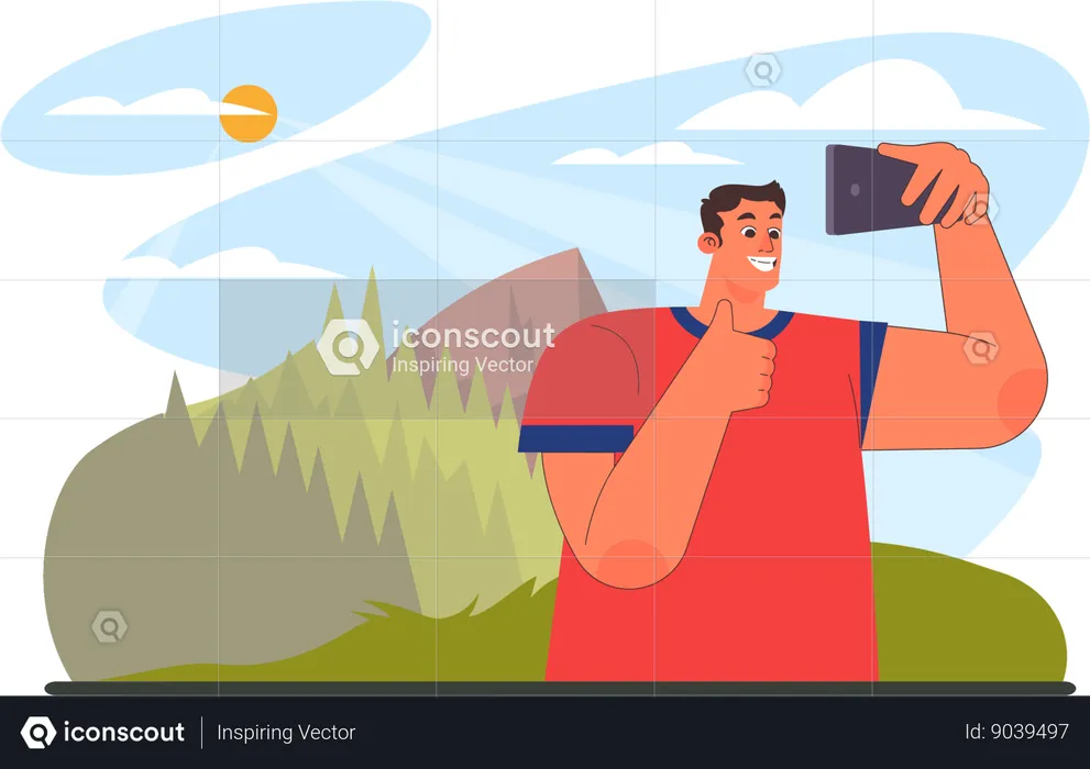Man takes selfies on forest camp  Illustration