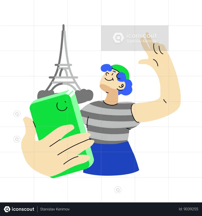 Man takes selfies with Eiffel tower  Illustration