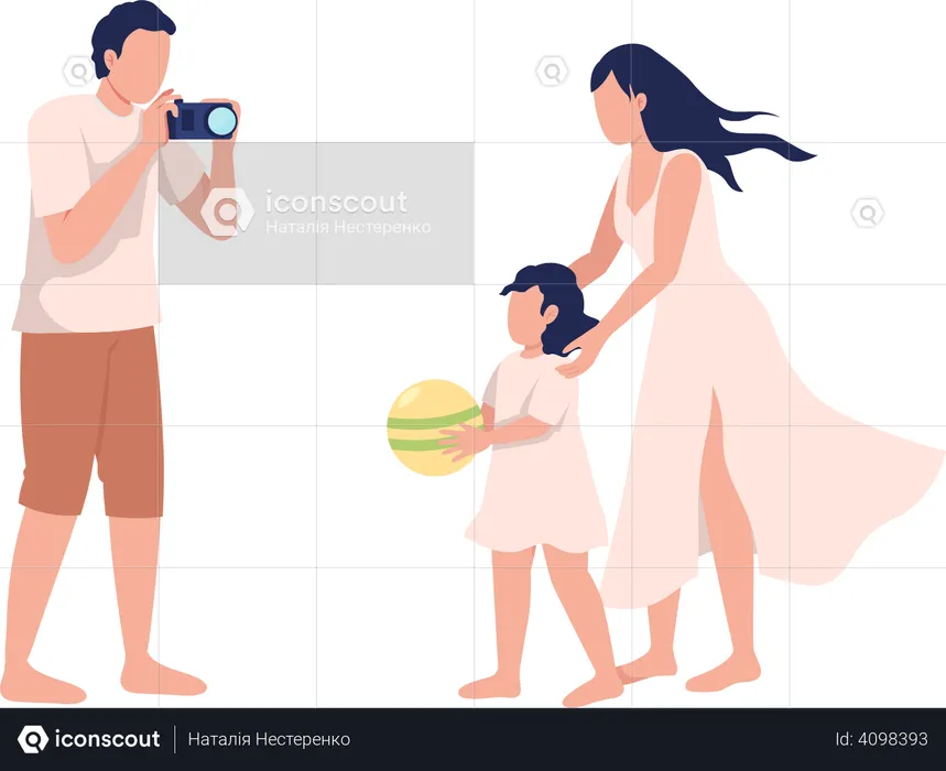 Man taking picture of daughter and wife  Illustration