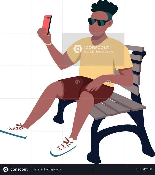 Man taking selfie while sitting on park bench  Illustration