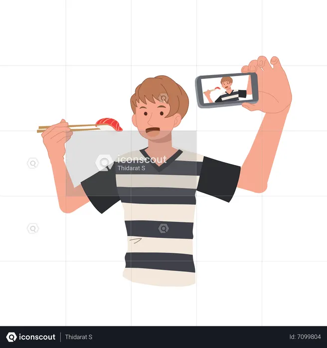 Man taking selfie with food  Illustration
