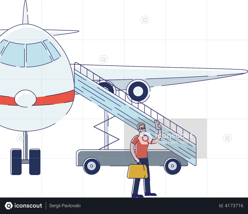 Man taking selfie with the airplane before boarding plane  Illustration