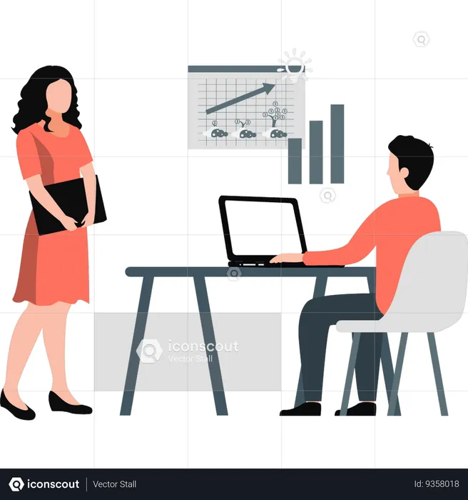 Man talking about business graph to girl  Illustration
