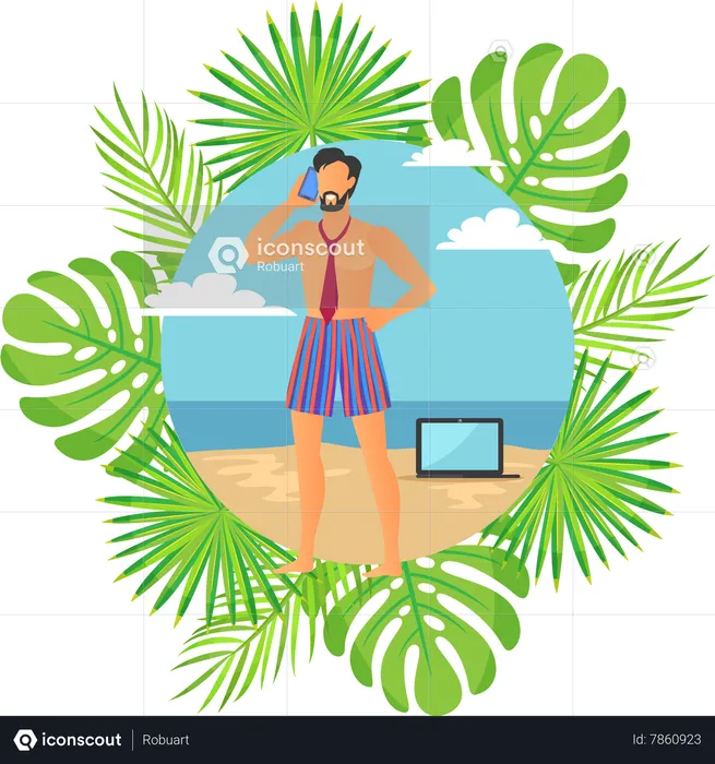 Man talking on mobile at beach  Illustration