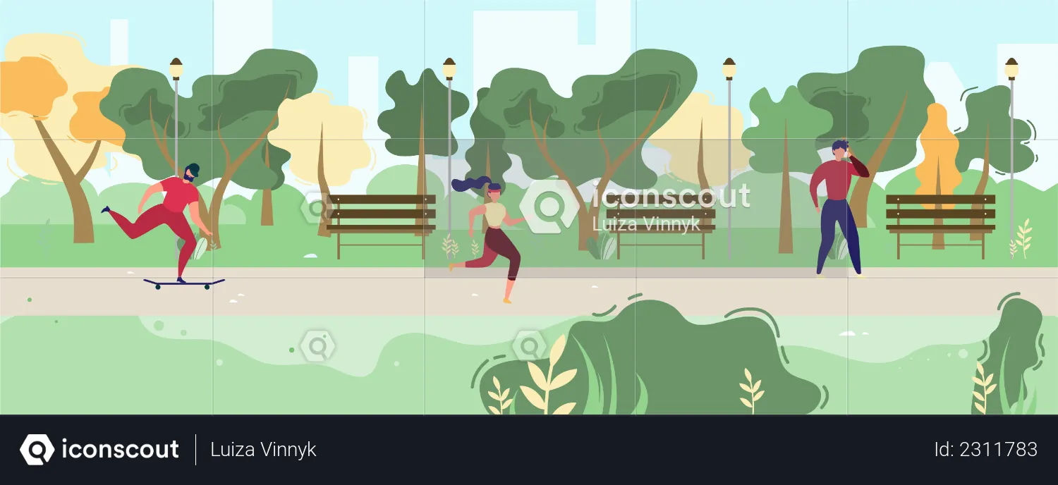 Man Talking on Phone, Bearded Guy Riding Skateboard, Sporty Woman Jogging  Illustration