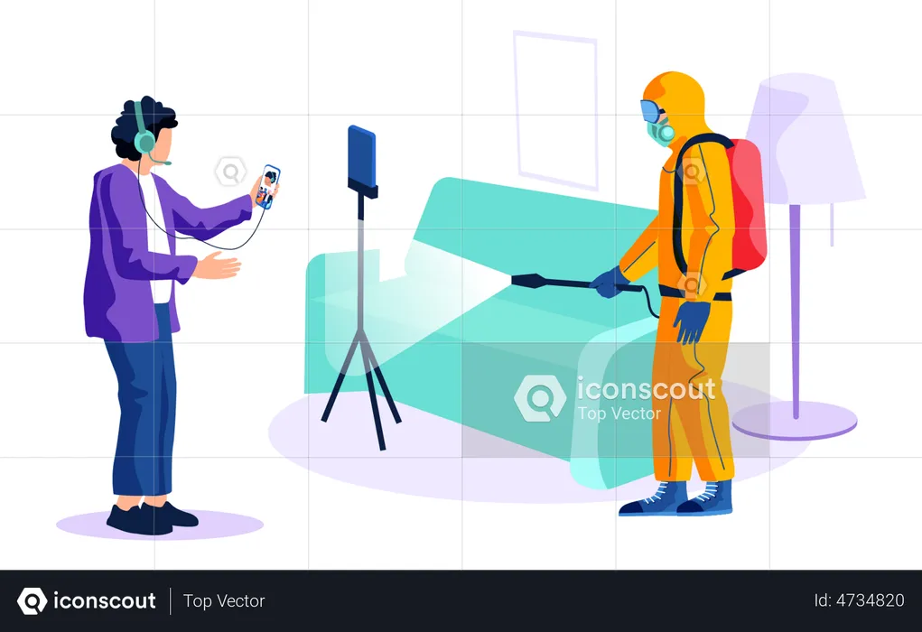Man talking on phone while disinfection in process  Illustration