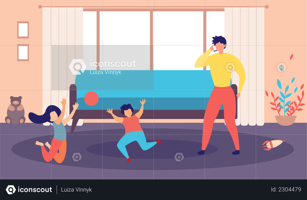 Man Talking Phone, Having Business Call and Nosy Kids, Son and Daughter Playing Ball in Living Room Illustration