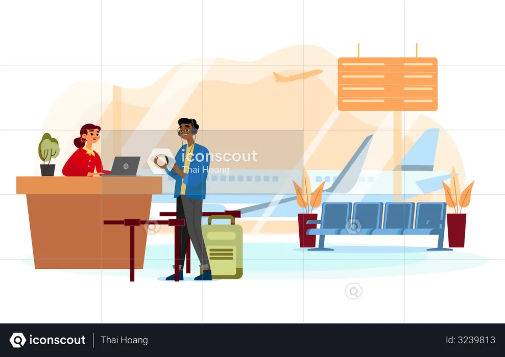 Man talking to an agent at the customer service desk at the airport  Illustration