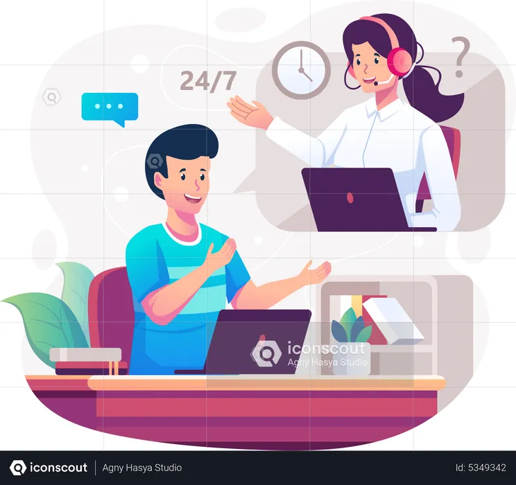 Man talking with female customer care agent  Illustration
