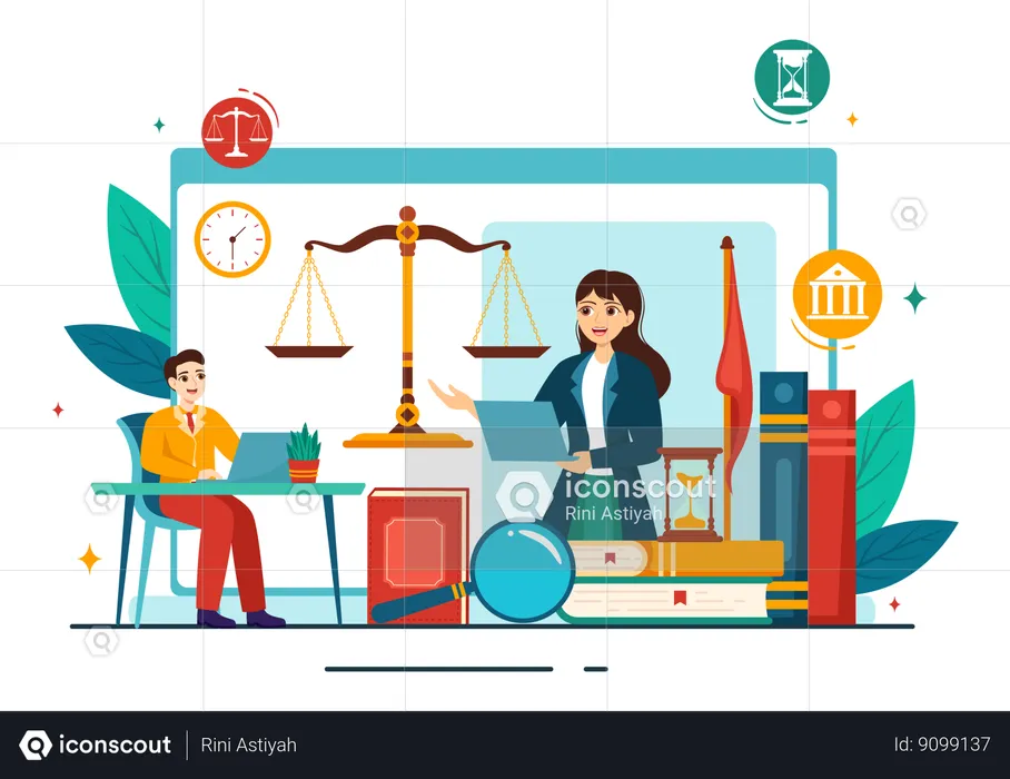 Man talking with female lawyer online  Illustration