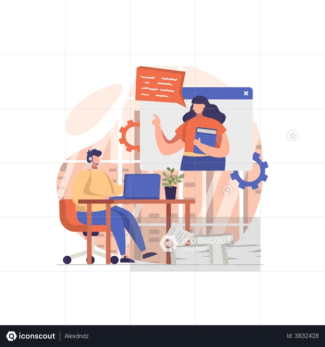 Man talking with online support assistant  Illustration