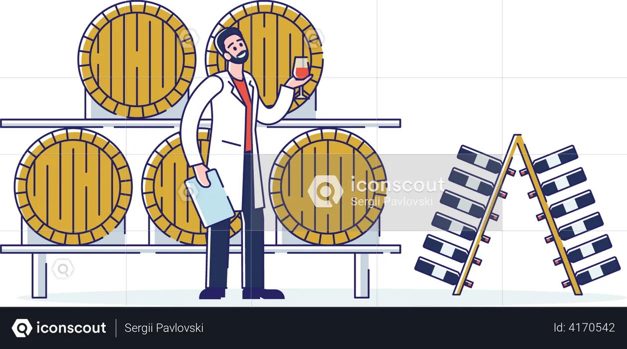 Man Tasting Wine In Cellar With Wooden Barrels  Illustration
