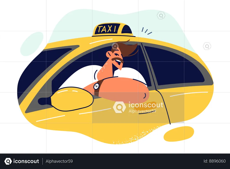 Man taxi driver smiles sitting behind and looking out window of yellow car  Illustration