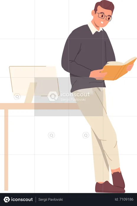 Man teacher reading book standing nearby classroom desk table  Illustration