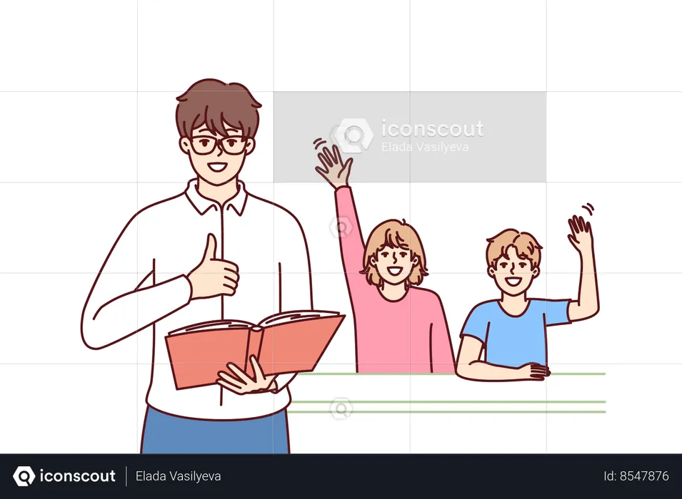 Man teacher with textbook stands near students sitting at school desk and raising hand  Illustration