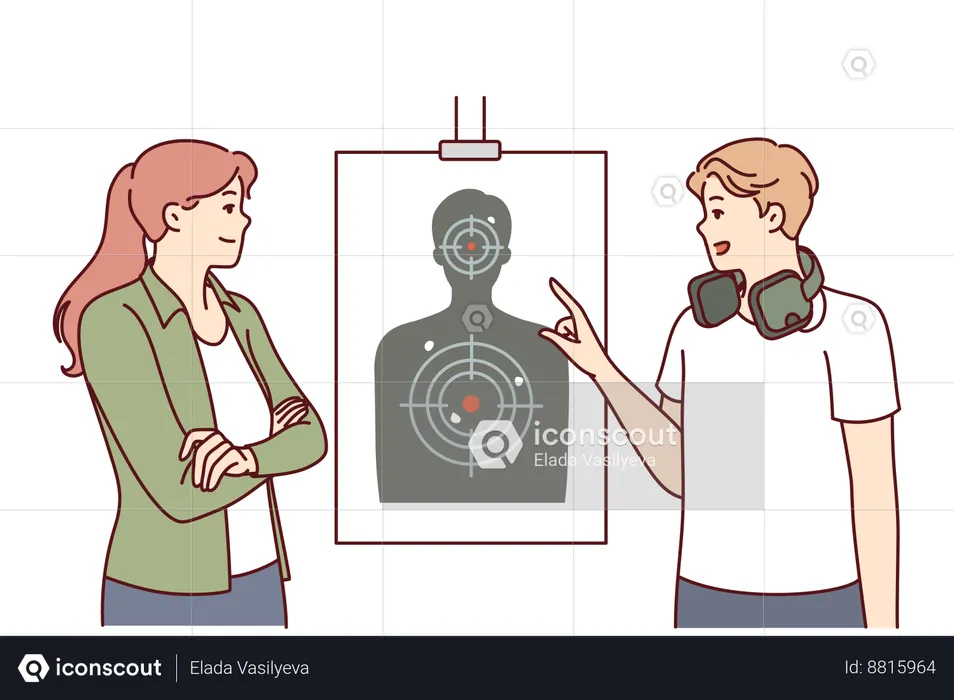 Man teaches woman how to shoot at targets  Illustration