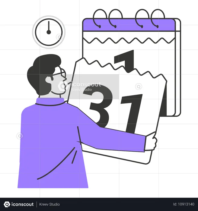 Man tearing calendar page from 31 to 1  Illustration