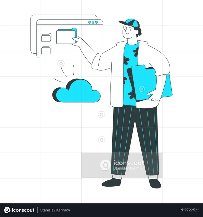 L'homme télécharge des données sur le stockage cloud  Illustration