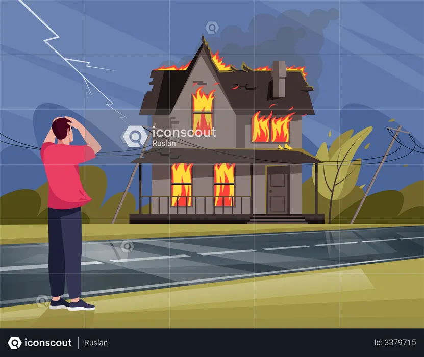 Man terrified by fire in Residential house  Illustration