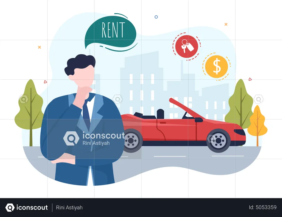 Man think of renting a car on rent  Illustration