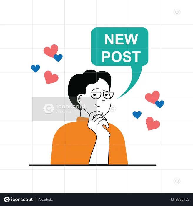 Man thinking about new post on social media  Illustration