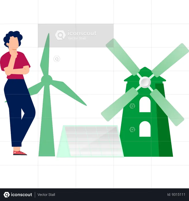 Man thinking about wind mill  Illustration