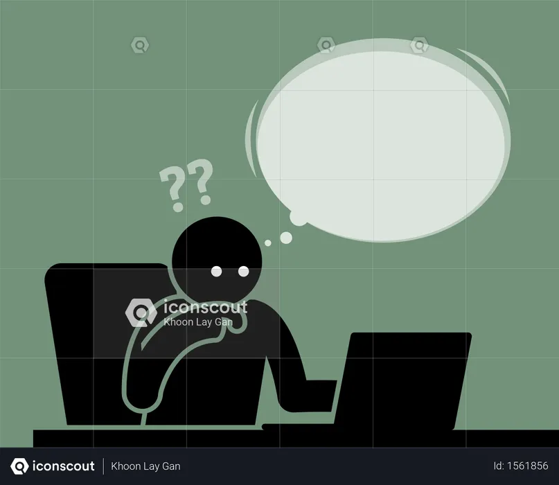 Man thinking and feeling confused viewing computer screen  Illustration